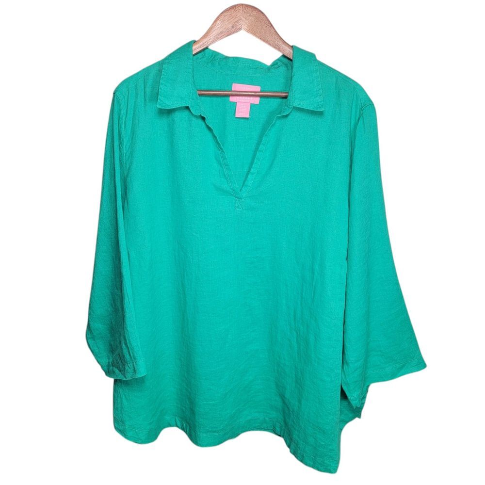 Isaac Mizrahi Size 2X 100% Linen Shirt Clover Green V‎ Neck Coastal Lagenlook